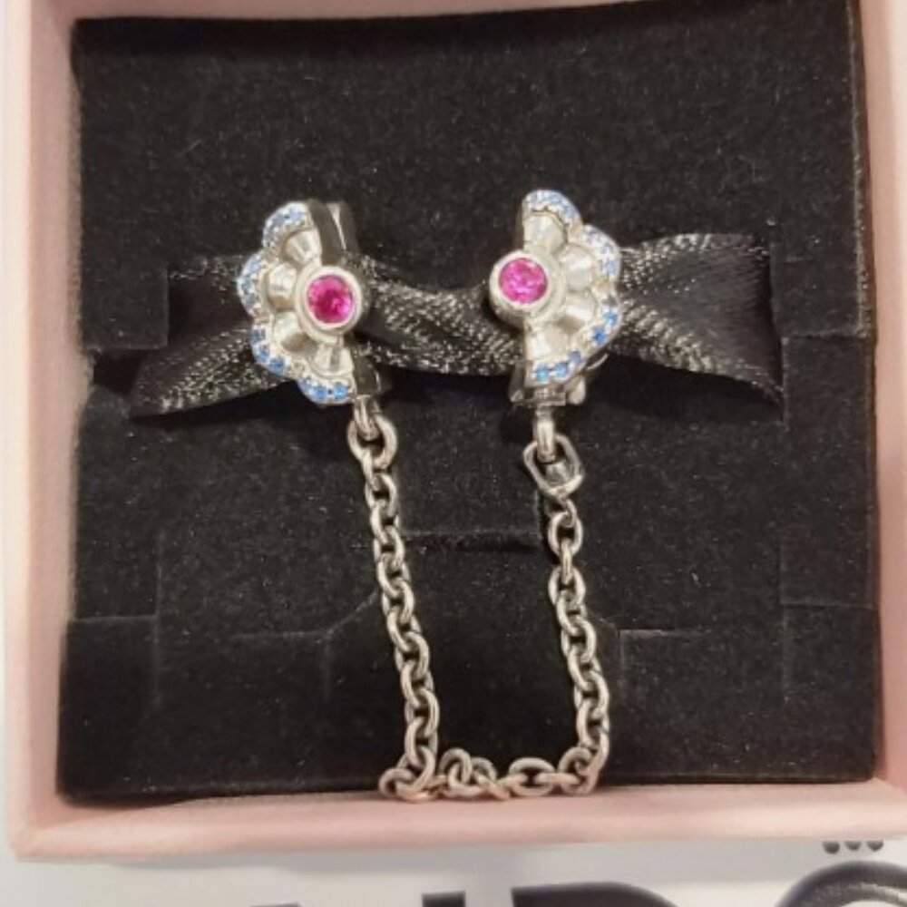 Auth PANDORA SS *CHINA EXCLUSIVE* Blue & Pink Fan Safety Chain Clip 798163SRUMX